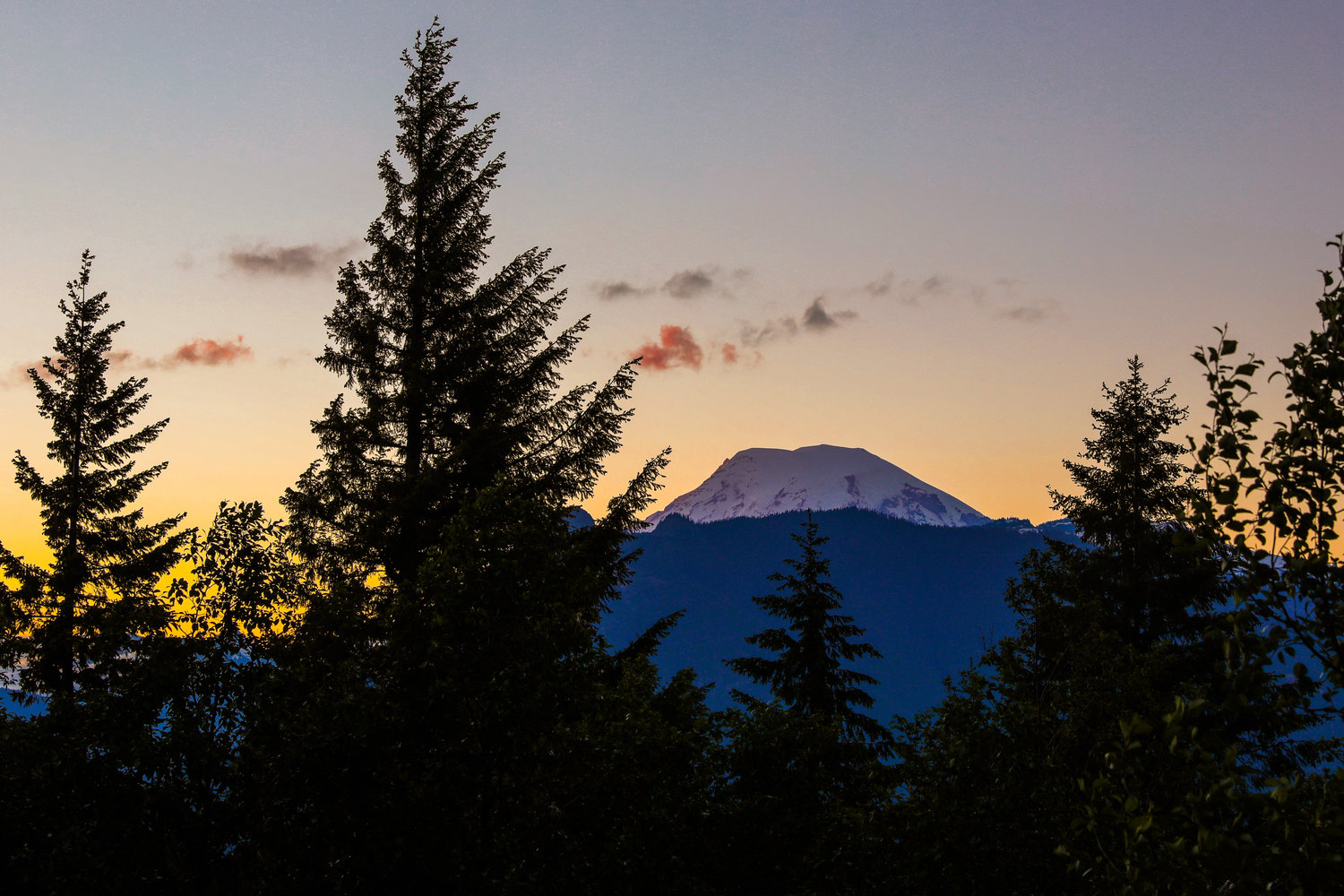 Mount Rainier is seen from Forest Service Road 1260 out of Packwood just after sunset Wednesday evening.