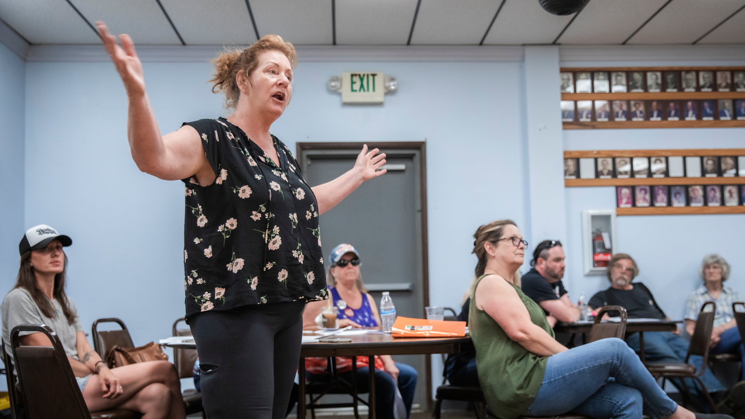 Carla Askew, Cinebar Precinct Committee Officer and Chair of the PCOs Training and Recruiting Committee demands accountability during a Lewis County Republicans meeting in Chehalis on Monday.