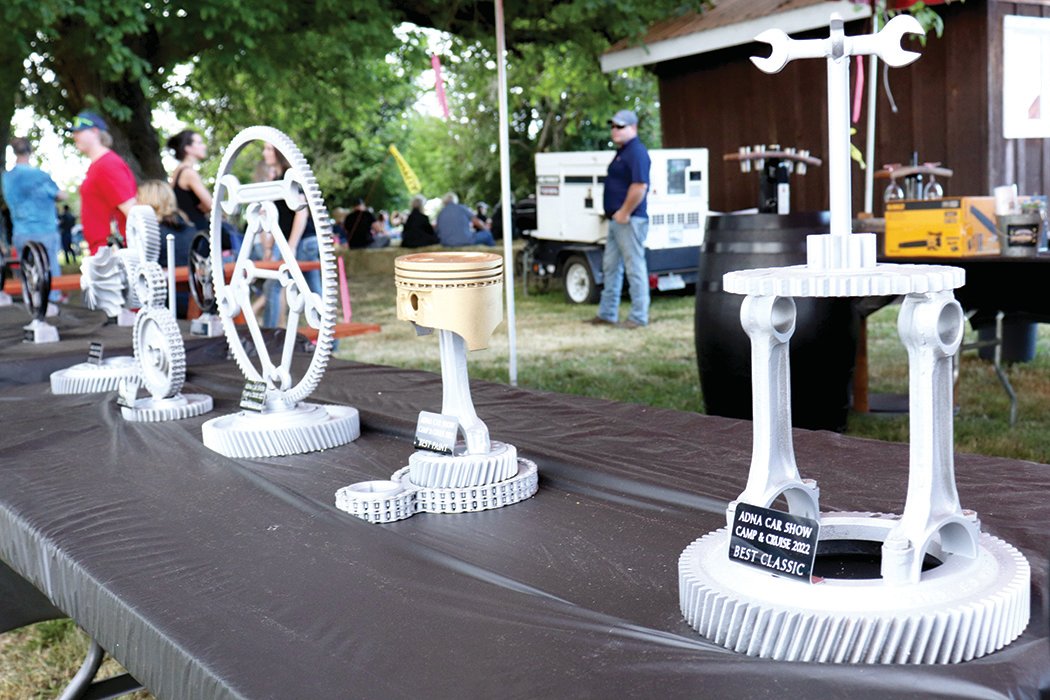 Trophies sit on display at the Adna Car Show Camp & Cruise in Adna on Friday.