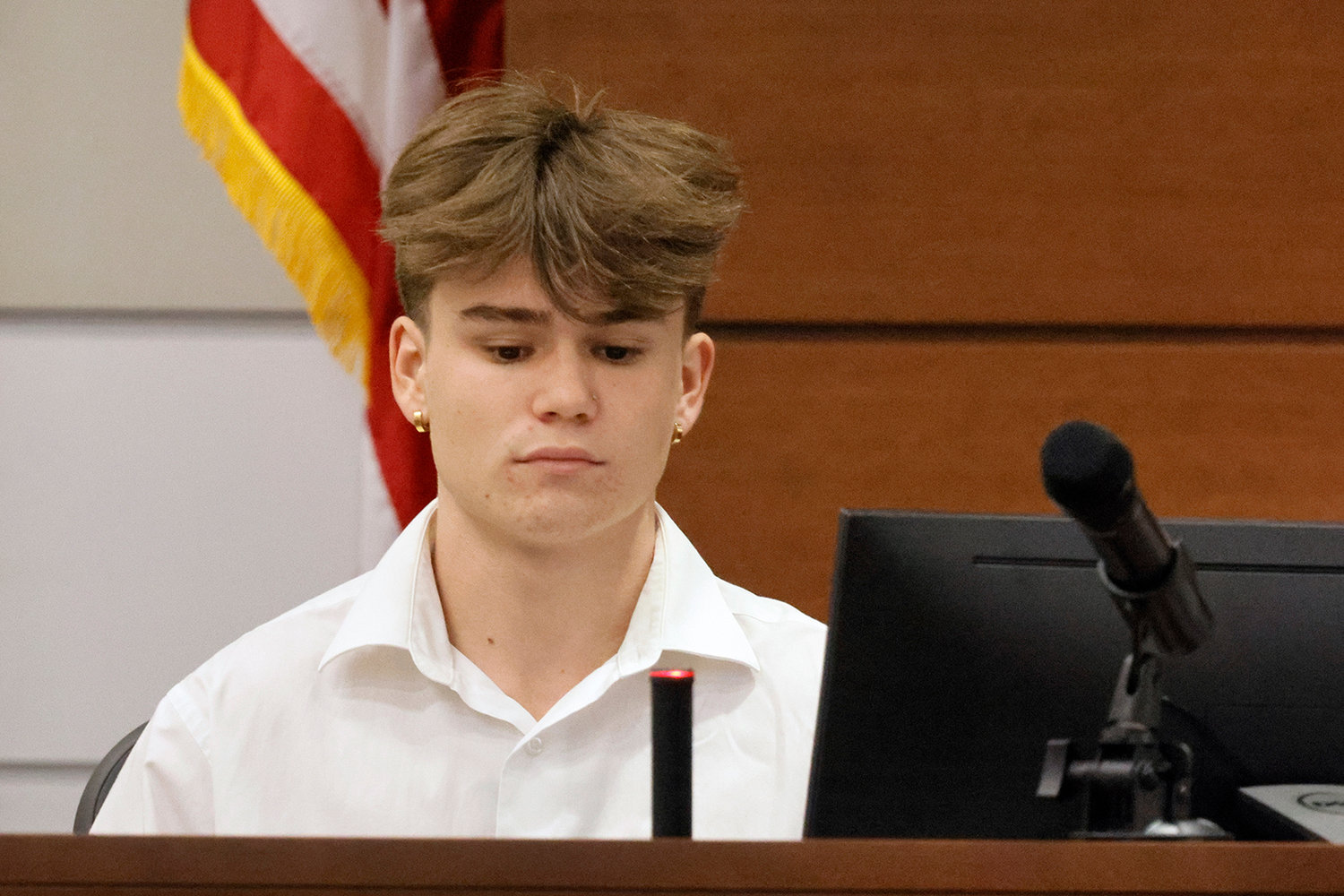 Former Marjory Stoneman Douglas student Alexander Dworet describes the gunshot injuries he sustained to the back of his head. He was testifying during the Marjory Stoneman Douglas High School shooter Nikolas Cruz penalty phase of his trial at the Broward County Courthouse in Fort Lauderdale on Wednesday, July 19, 2022. His brother, Nicholas Dworet was killed in the rampage. Cruz previously plead guilty to all 17 counts of premeditated murder and 17 counts of attempted murder in the 2018 shootings. (Mike Stocker/Sun Sentinel/TNS)