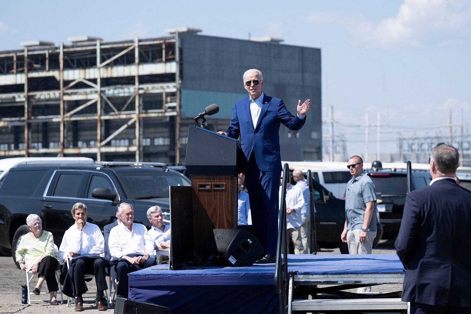 U.S. President Joe Biden delivers remarks at the former location of the Brayton Point Power Station in Somerset, Massachussets, on July 20, 2022. (Brendan Smialowski/AFP via Getty Images/TNS)