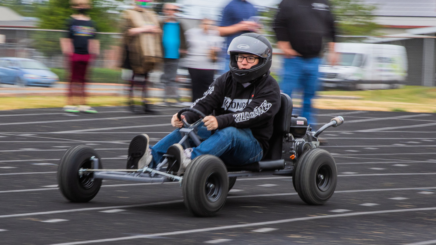 Dawson Cramer speeds around the Napavine High School track in a go-kart Thursday morning.