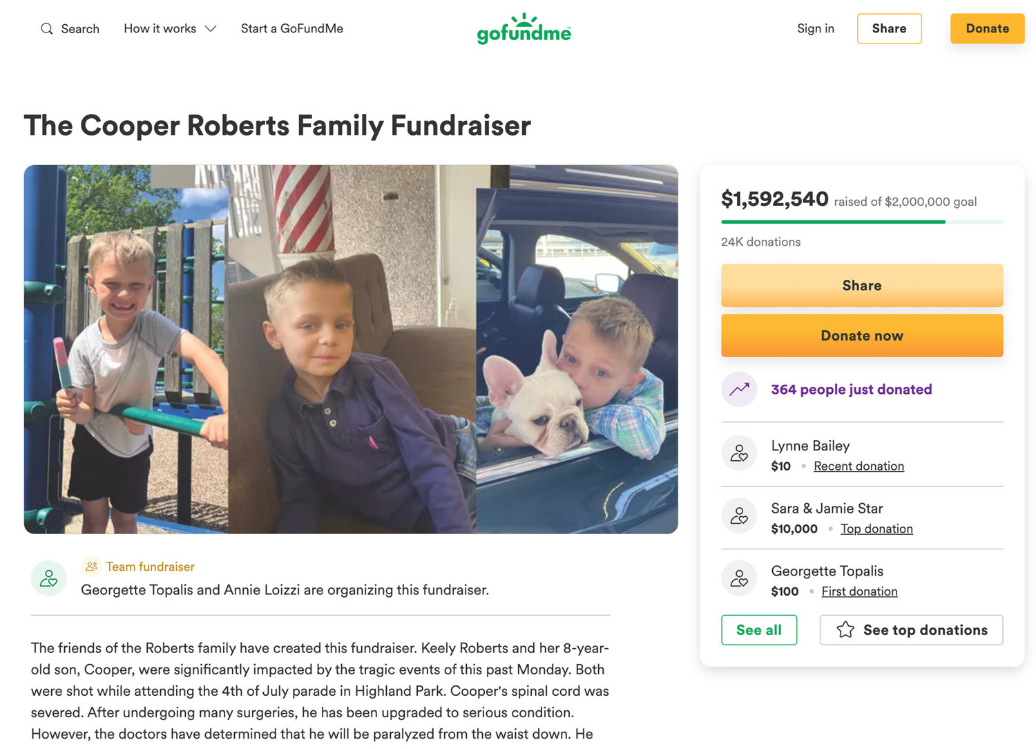 A GoFundMe page for the Roberts family is collecting donations for Cooper Roberts, 8, who was paralyzed from the waist down after being wounded at the Fourth of July parade shooting in Highland Park. (GoFundMe screenshot/TNS)