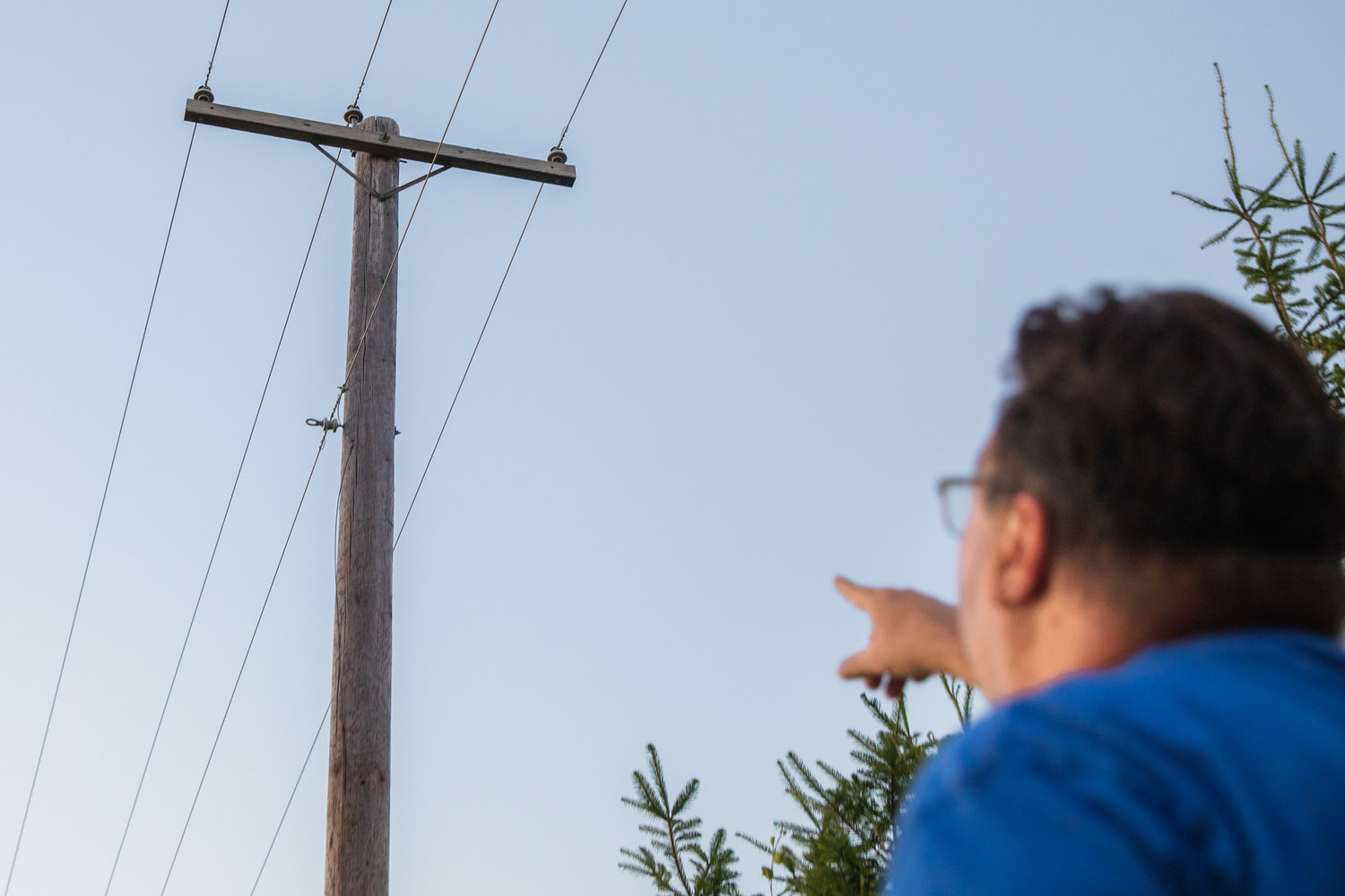 Ken Wiseman points to a utility pole that his cat Raven was rescued from, by Lewis County Public Utility District employees, outside his residence along Frogner Road.