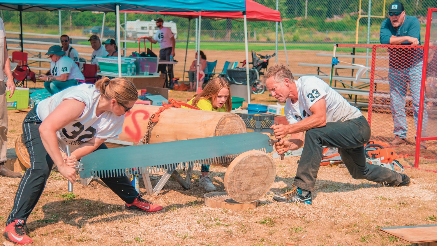 Amy and Jeff Skirvin compete in the Jack and Jill event at the Morton Loggers' Jubilee in August 2021.