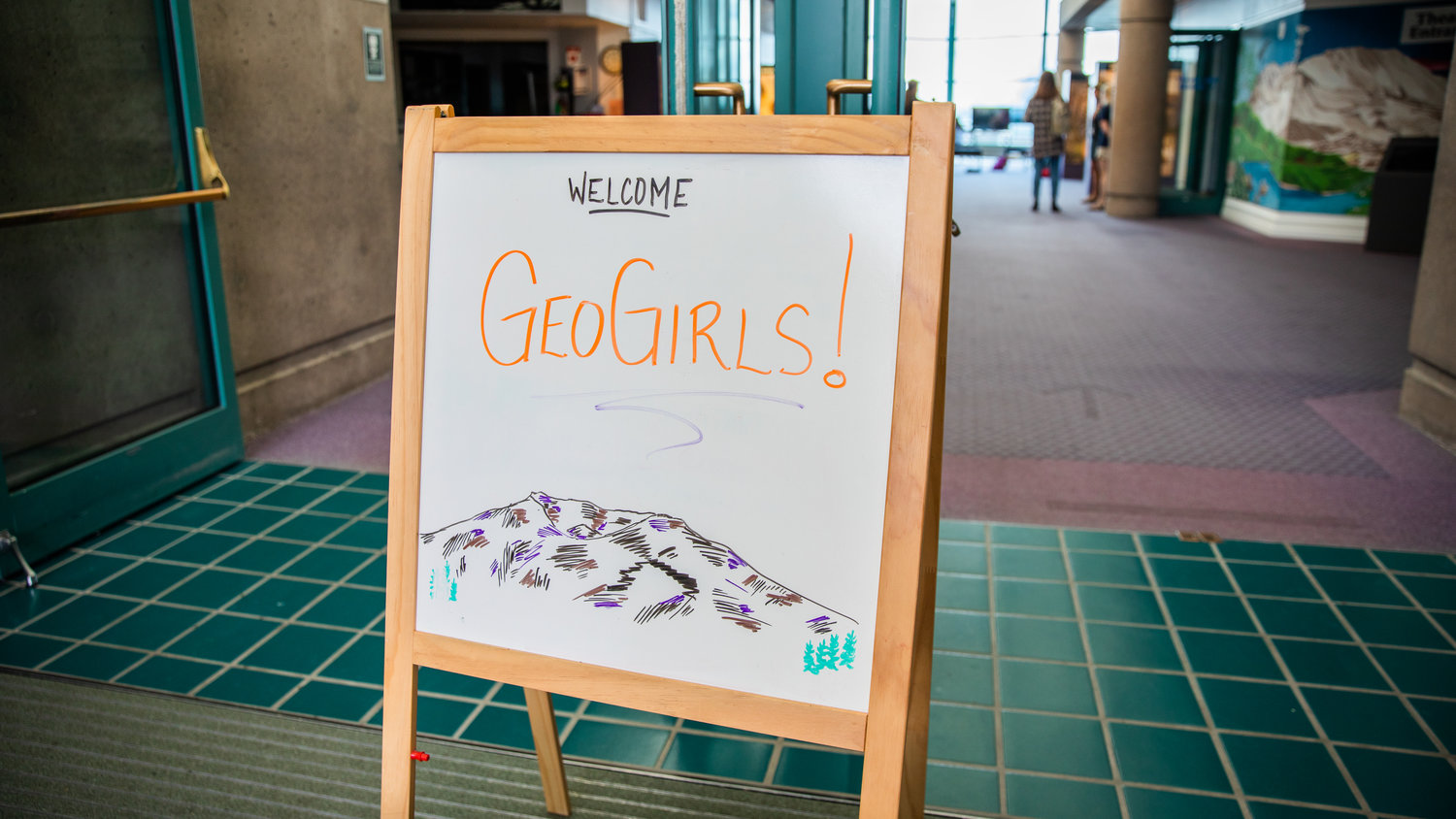 A sign welcomes GeoGirls to the Mount St. Helens Science and Learning Center at Coldwater.