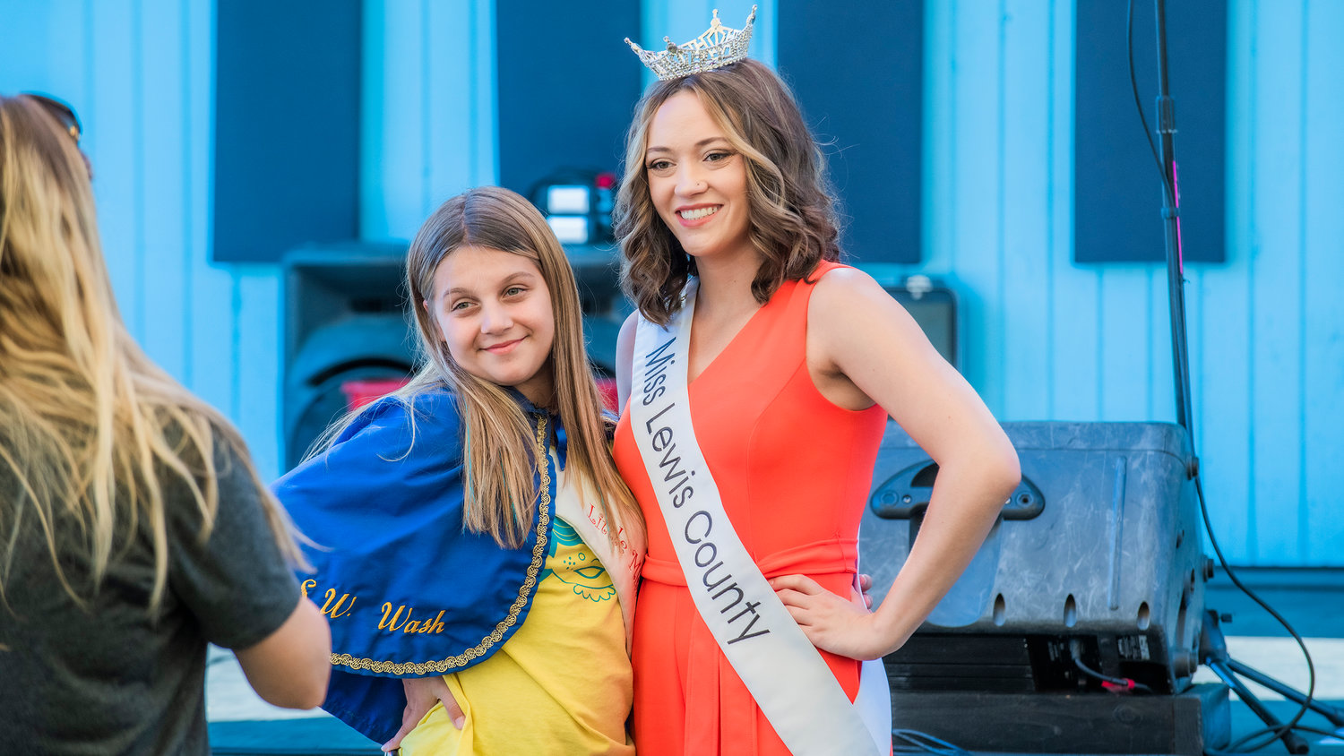 Little Miss Friendly 2021 MaKayla Maynard and Miss Lewis County Briana Rasku smile for a photo Tueasday at the Southwest Washington Fairgrounds in Centralia.