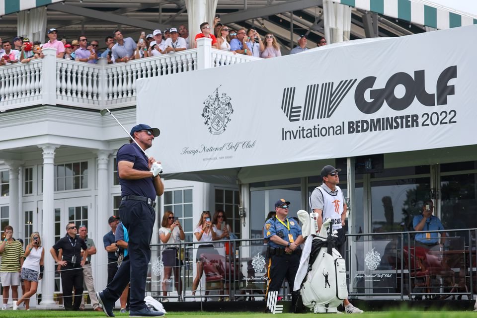 Phil Mickelson watches his tee shot on 16 during opening round action at the 2022 LIV Golf Invitational at Trump National Golf Club on Friday, July 28, 2022 in Bedminister, N.J.