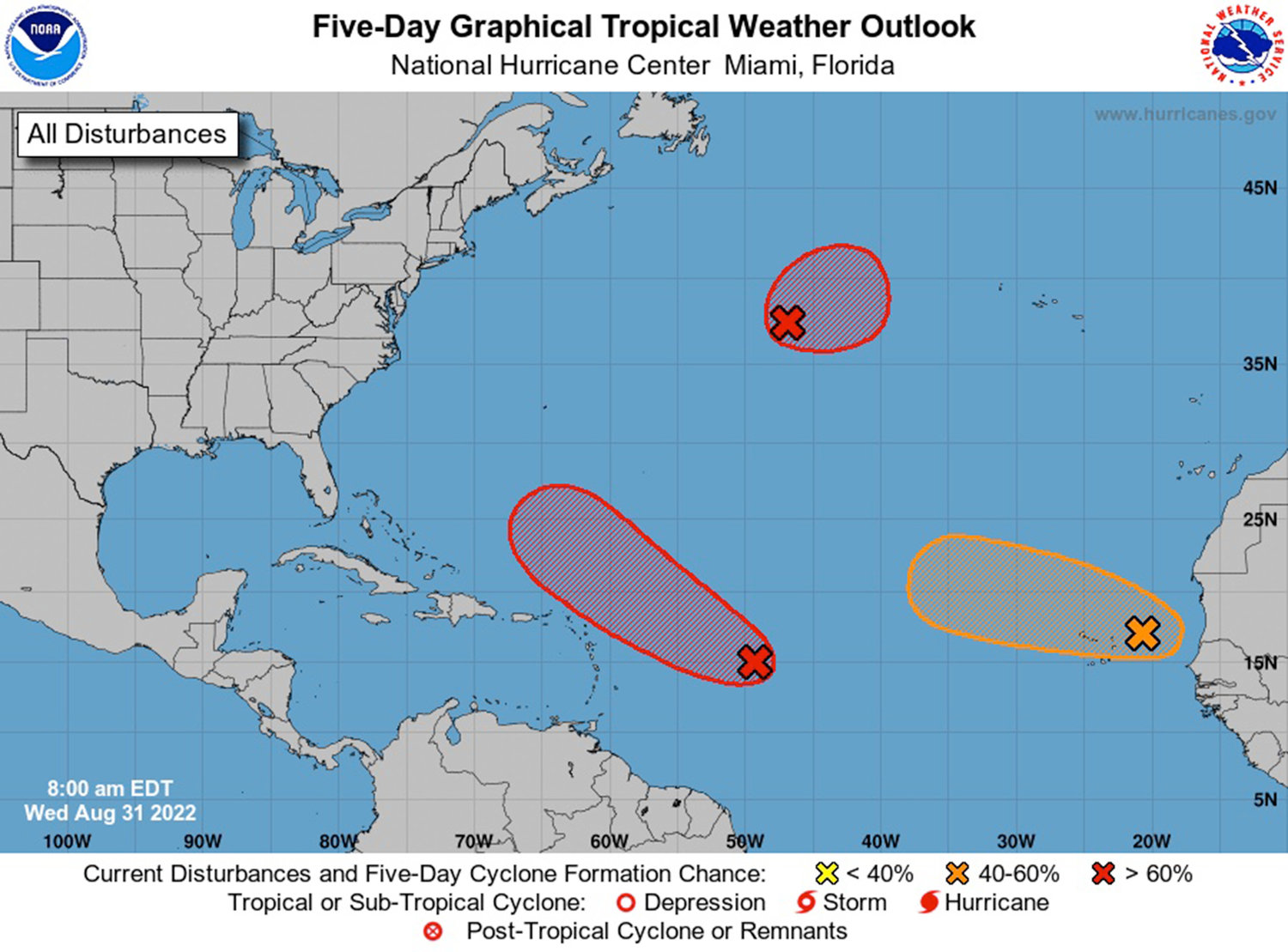 Forecasters are watching three weather systems in the Atlantic for possible tropical development. (National Hurricane Center/TNS)
