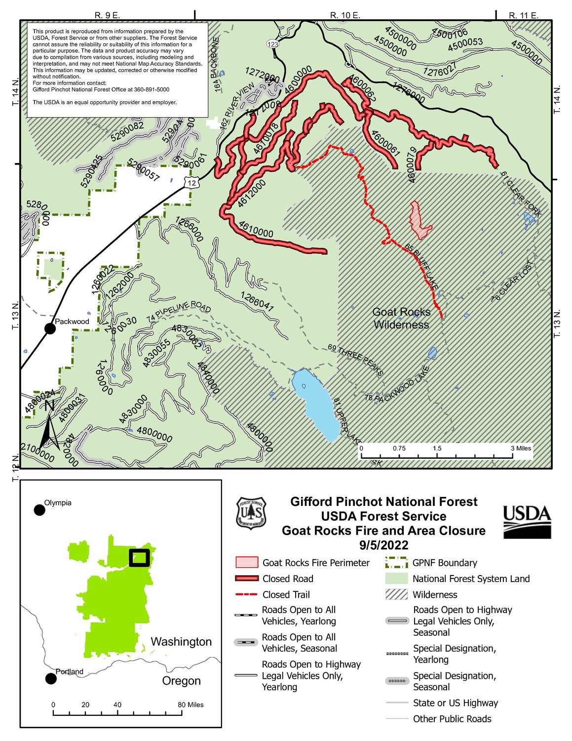 The Goat Rocks Wilderness Fire roughly 7 miles northeast of Packwood has grown to 80 acres. 