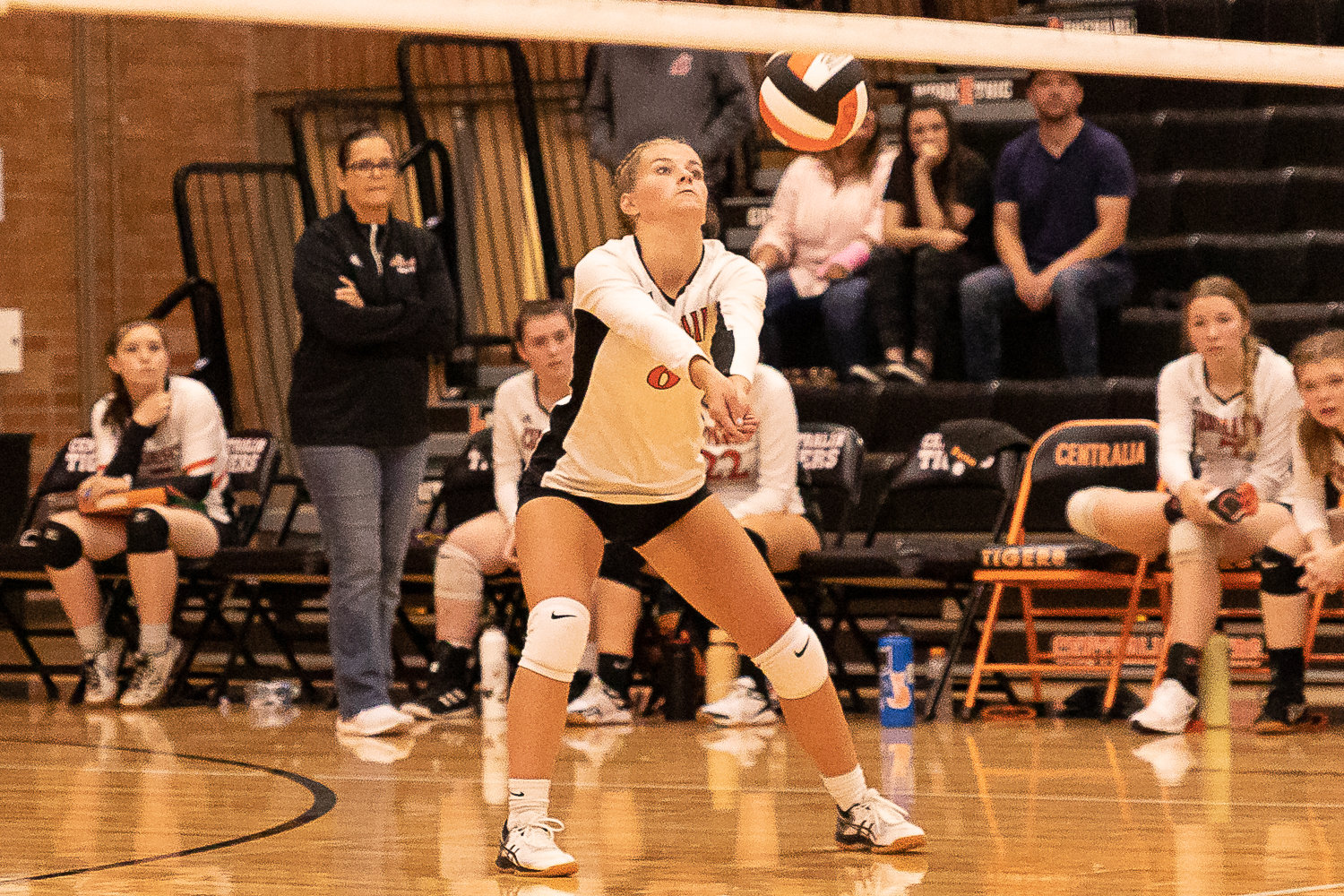 Centralia defensive specialist Alayna Mcgregor digs up a ball against Heritage Sept. 8.