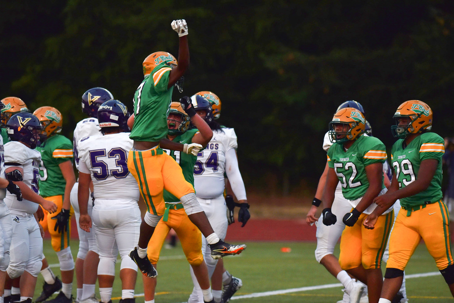 Tumwater defensive back David Malroy celebrates a safety in the first quarter of Tumwater's 8-6 win over North Kitsap on Sept. 9 at Sid Otton Field.