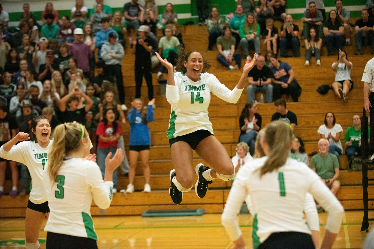 Tumwater senior Isabella Burney jumps up in celebration following a point in the T-Birds' home win over Timberline on Sept. 13.