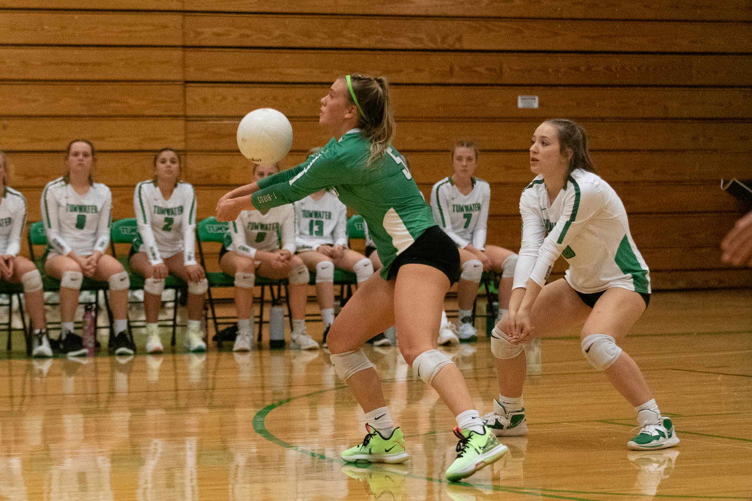 Tumwater libero Brooklynn Hayes digs the ball during the T-Birds' win over Timberline on Sept. 13.