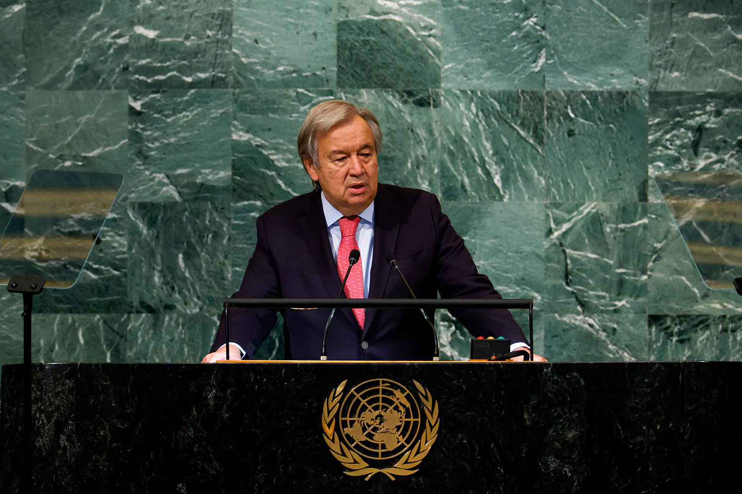United Nations Secretary General Antonio Guterres speaks during the 77th session of the United Nations General Assembly (UNGA) at the U.N. headquarters on Sept. 20, 2022, in New York City. After two years of holding the session virtually or in a hybrid format, 157 heads of state and representatives of government are expected to attend the General Assembly in person. (Anna Moneymaker/Getty Images/TNS)