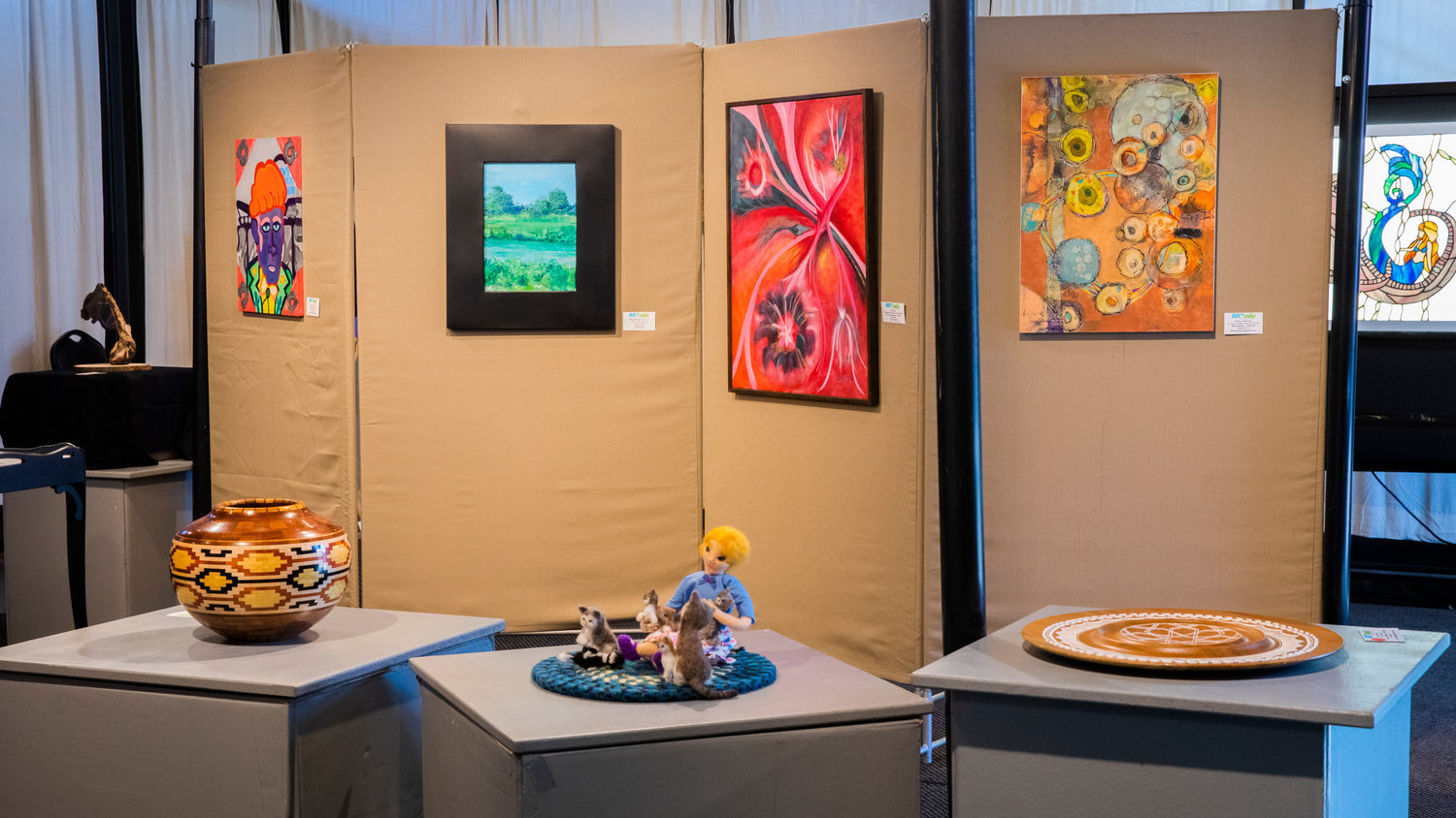 Creative pieces from various artists are displayed inside an ARTrails Gallery at the Centralia Train Station on Tuesday.