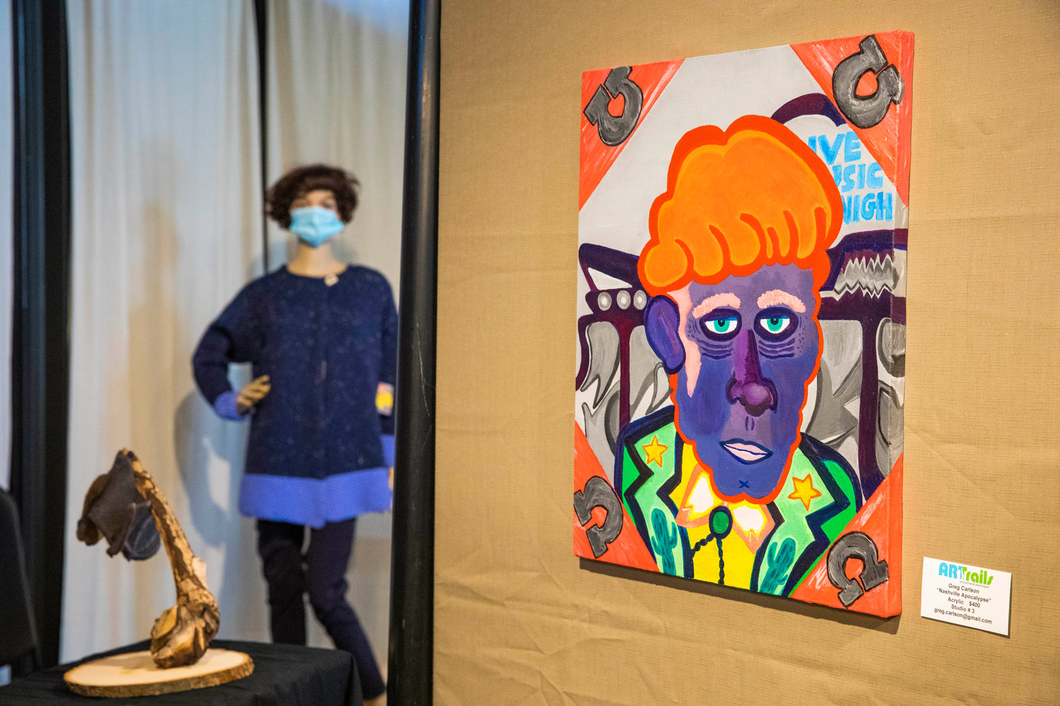 Artwork by Greg Carlson hangs on display alongside creative pieces from other artists Tuesday afternoon in Centralia.