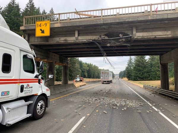 A logging truck struck the state Route 506 overpass on  Interstate 5 on Thursday, leading to a closure of the northbound lanes.