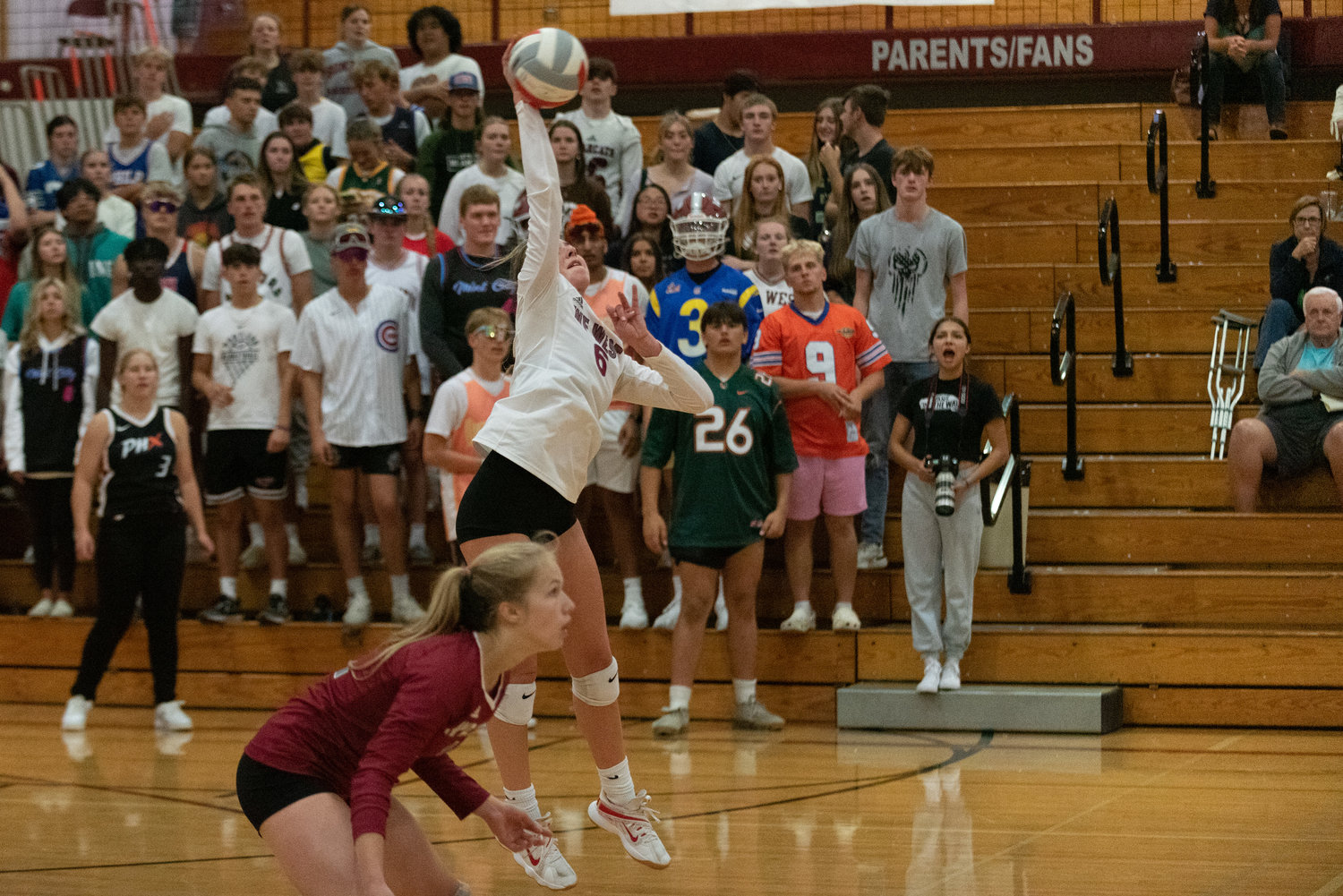 Morgan Rogerson goes up for a spike from distance during W.F. West's five-set win over Centralia on Sept. 22 in Chehalis.
