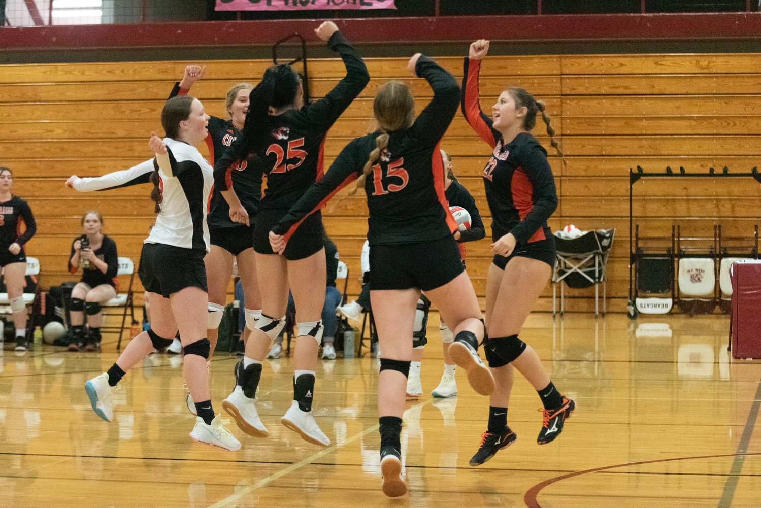 The Centralia volleyball team celebrates an ace during its loss to W.F. West on Sept. 22 in Chehalis.