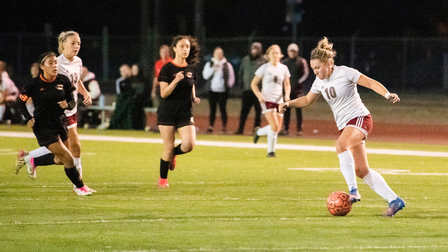 W.F. West sophomore Lena Fragner (10) takes control of the ball after scoring the first goal of the night in a game against Centralia on Thursday.