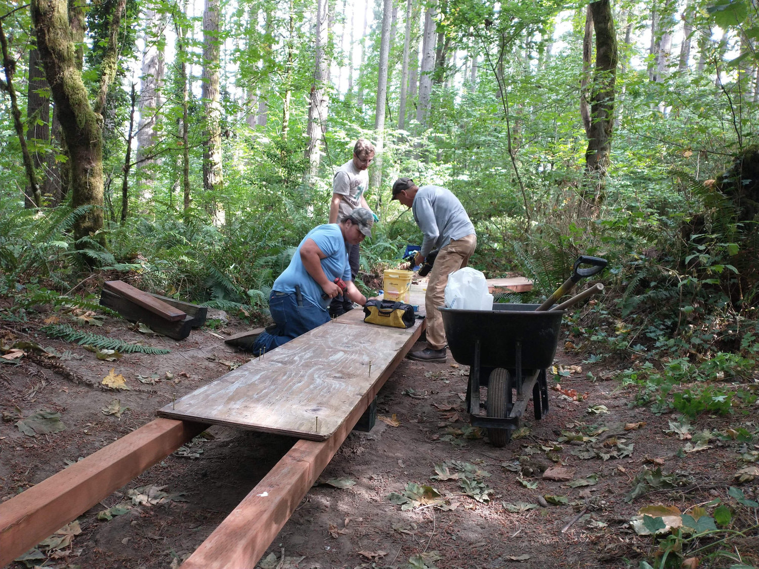 Matthew Munz, Thomas Ralls and Ross Olson put together a boardwalk on the Kiser Trail at the Seminary Hill Natural Area on Sept. 17. Photo by Henry Wegener.