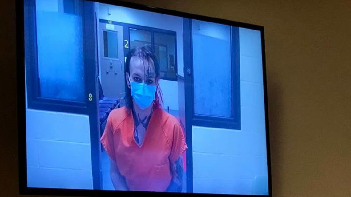 Zilla Ayana Crowley, who previously identified as Michael A. Brower, 35, appears in court via video from Thurston County Jail in this file photo.