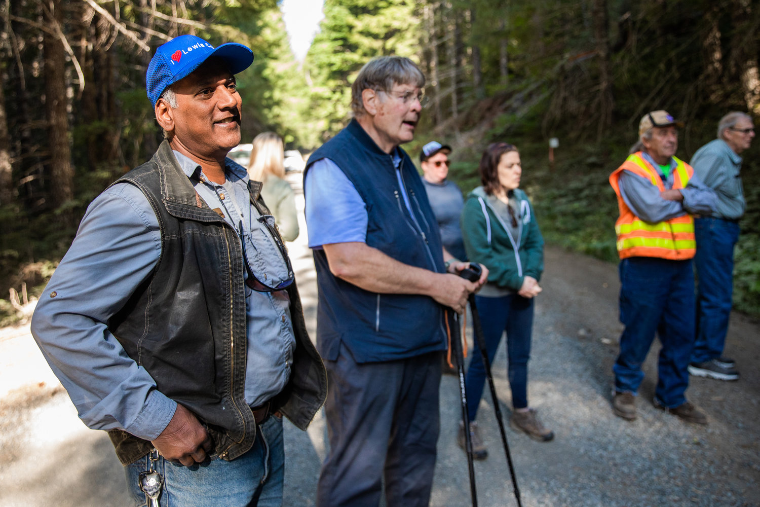 Harry Bhagwandin smiles while asking questions about trees during a Pinchot Partners Field Trip around Packwood on Wednesday.