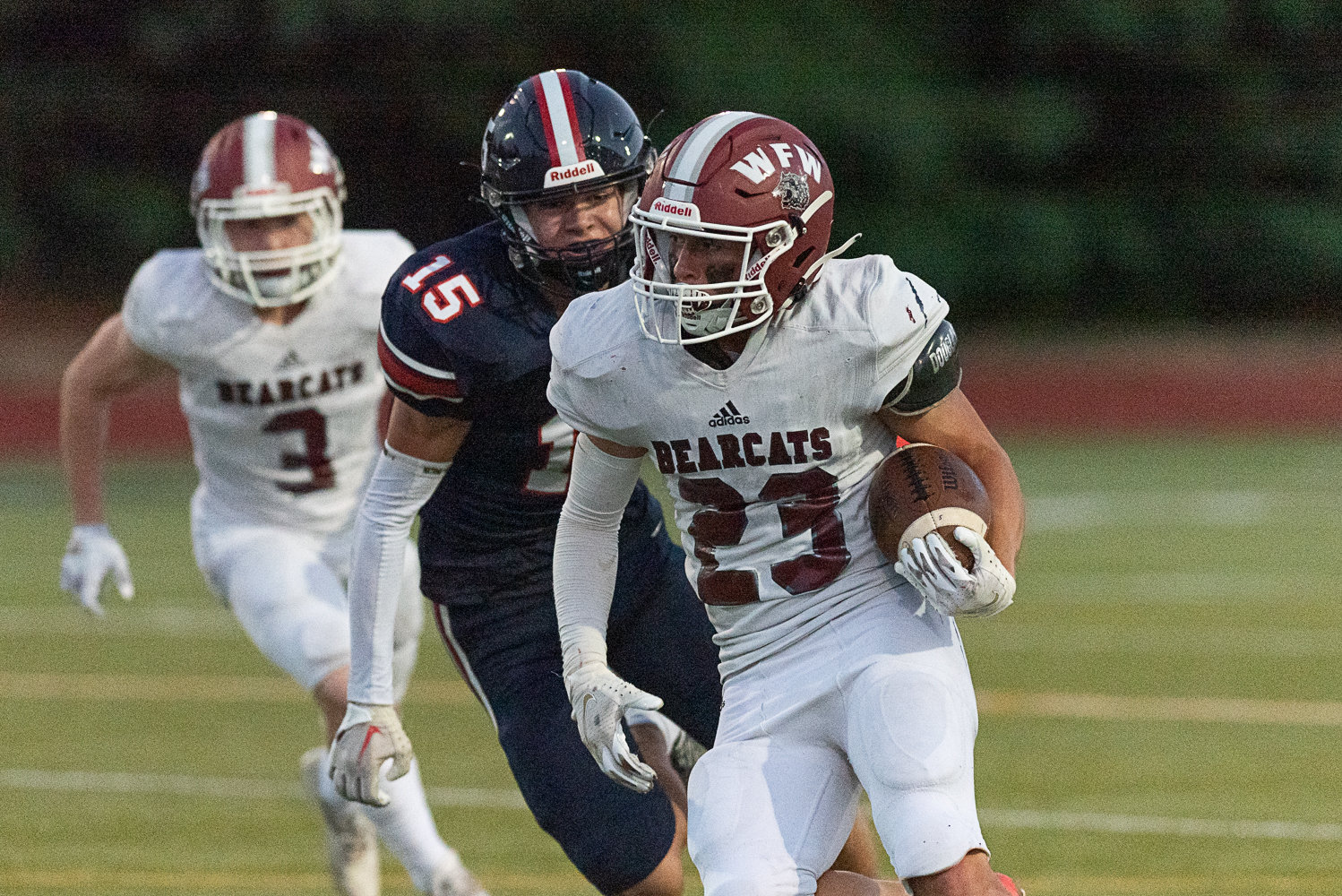 W.F. West receiver Evan Stajduhar takes the ball upfield on a screen play in the first quarter of the Bearcats' 35-0 win over Black Hills on Sept. 23 at Tumwater District Stadium.