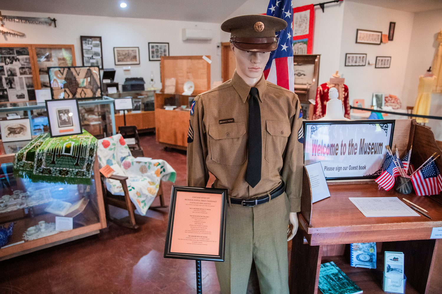 A military uniform worn by Messina Esper Fairhart sits on display Wednesday at the Morton Historical Museum.