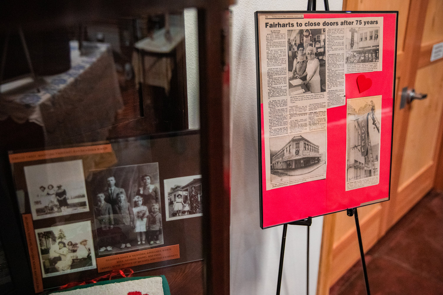 Photos and newspaper clippings sit on display Wednesday afternoon at the Morton Historical Museum.