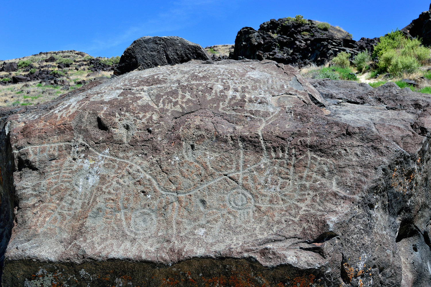 Map Rock, of important historic significance, a massive basalt rock covered in petroglyphs attributed to the Northern Shoshone Native Americans before contact with the Westward expansion of settlers in Idaho. Named by Robert Limbert in the early 1920s, Limbert believed that the rock, located near Melba, Idaho, depicts a map of the Snake River valley. (Dreamstime/TNS)
