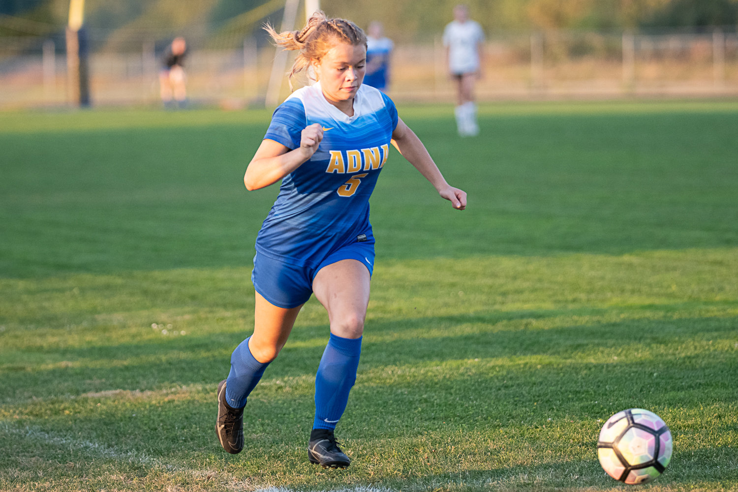 Adna sophomore Alainna Roller takes the ball up the wing against Napavine Oct. 3.