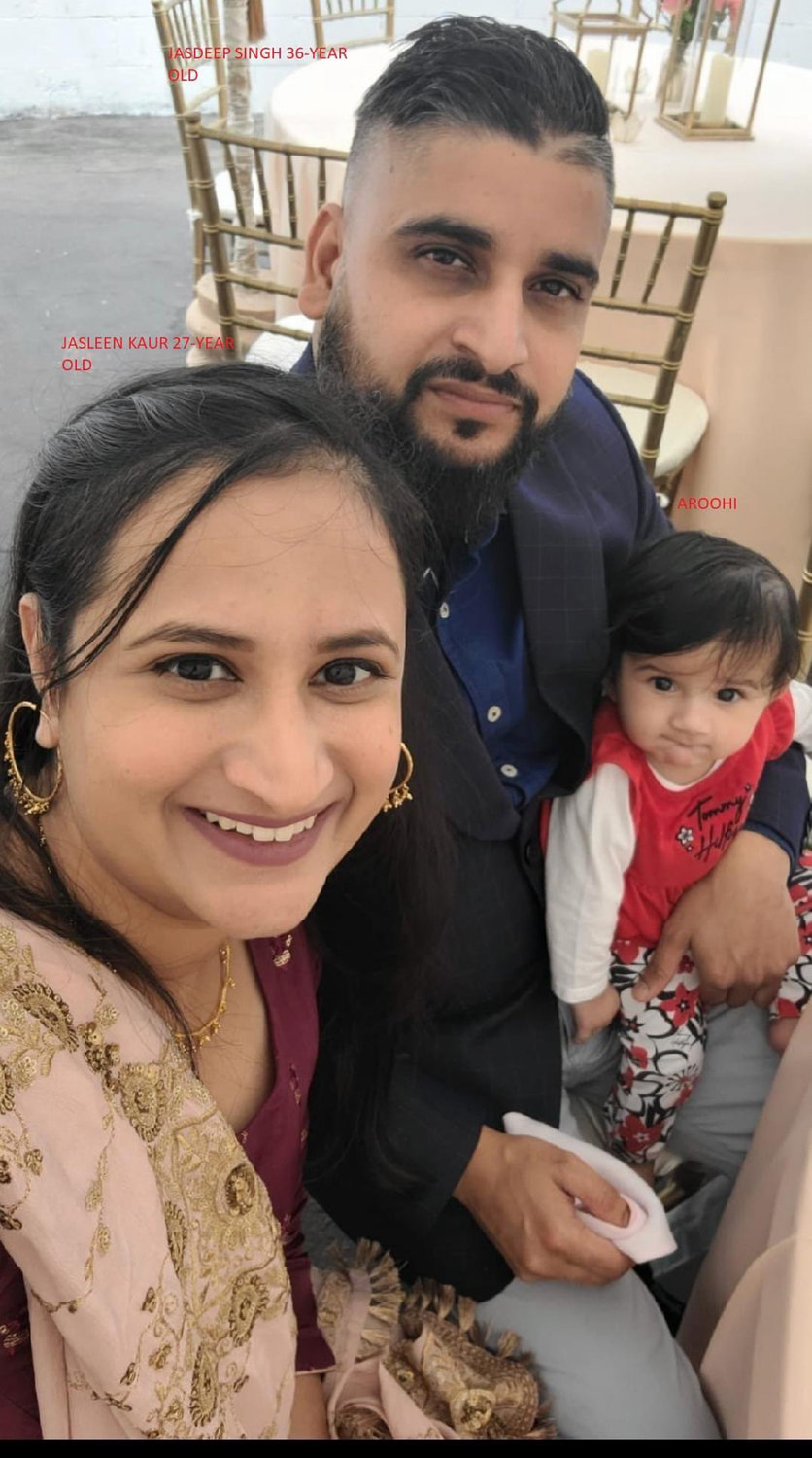 Family photo of Jasleen Kaur, left, Jasdeep Singh and 8-month-old Aroohi Dheri, who were abducted Monday, Oct. 3, 2022, from a business in Merced, California. (Merced County Sheriff's Office/TNS)