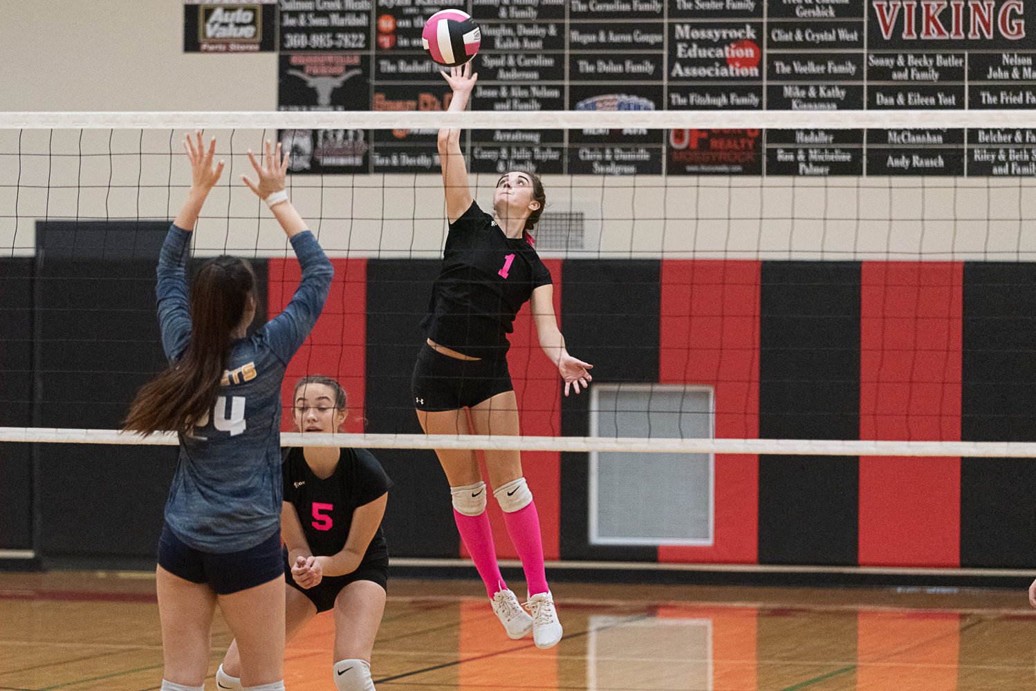 Payton Torrey attacks from the back row on one of her team-high 18 kills during Mossyrock's win over Naselle at home on Oct. 13.