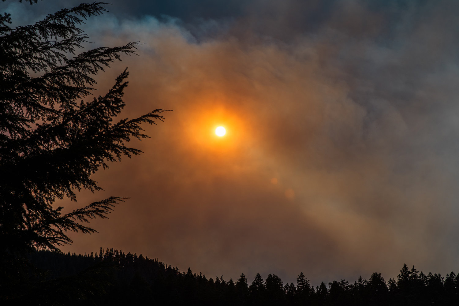 The sun beams through smoke from the Goat Rocks Fire near Packwood on Sunday afternoon.