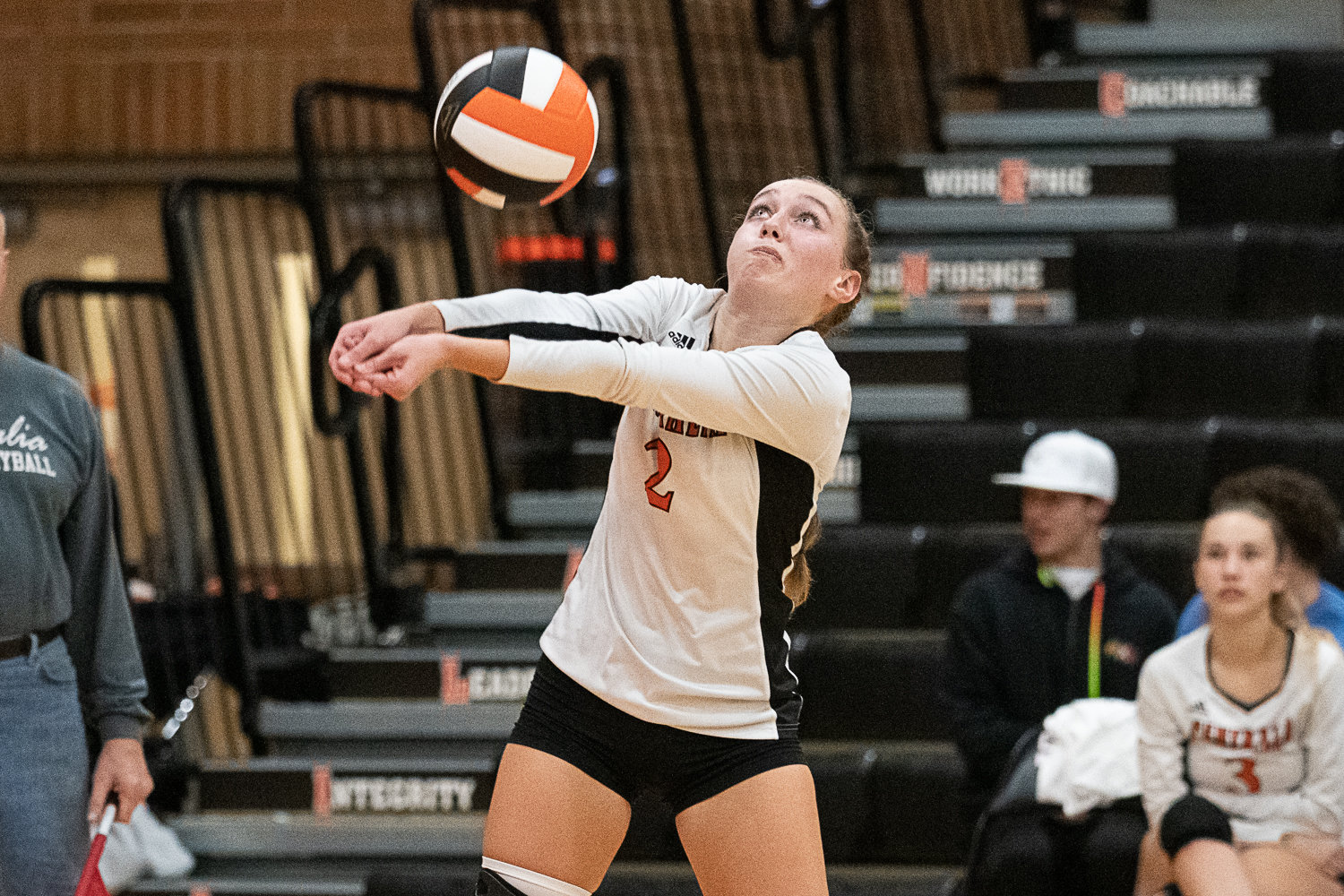 Centralia outside hitter Lauren Wasson digs up a ball in serve receive against W.F. West at Ron Brown Court Oct. 18.