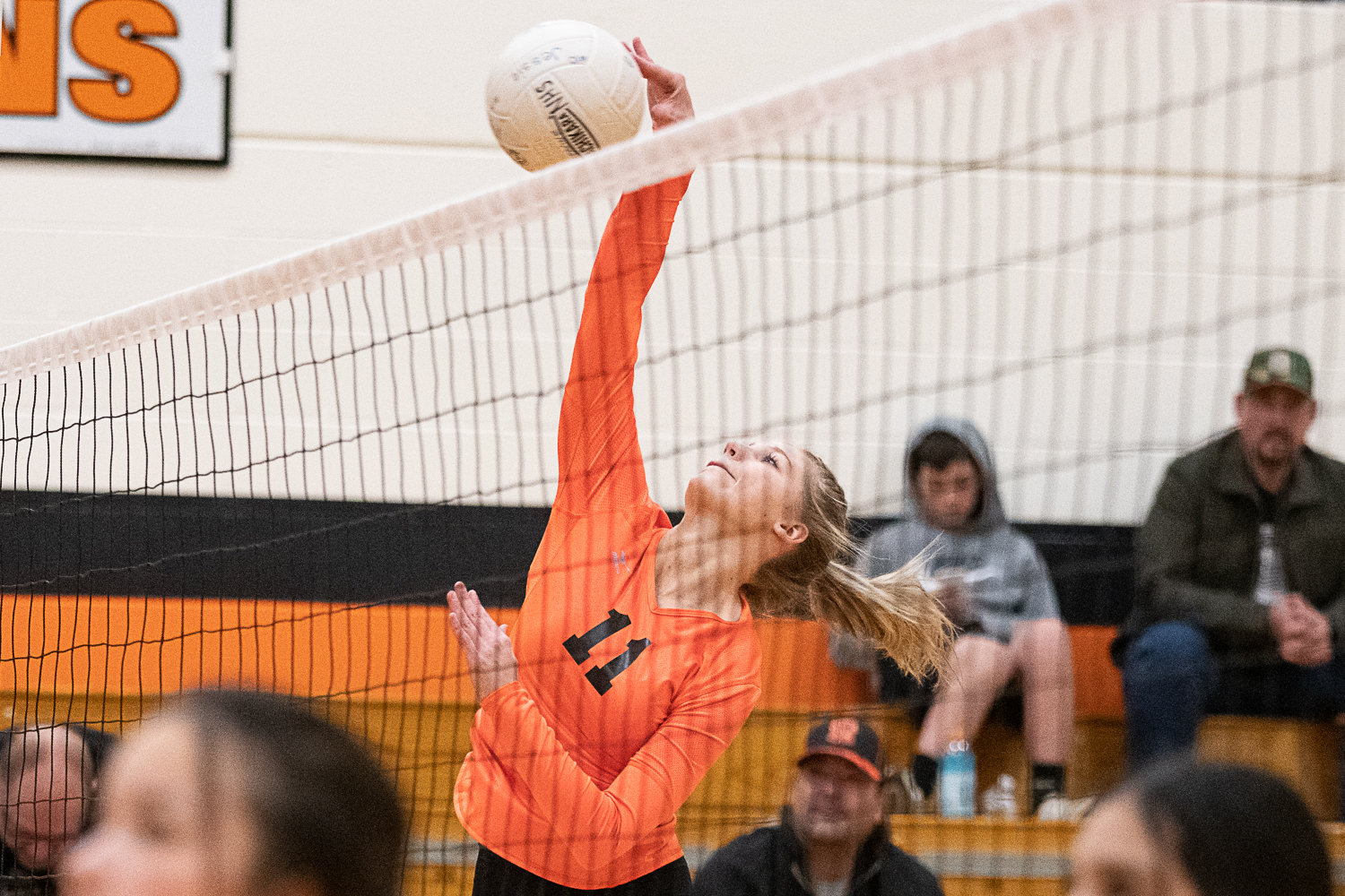 Napavine outside hitter Morgan Hamilton fires a spike over the net during warmups Oct. 20.