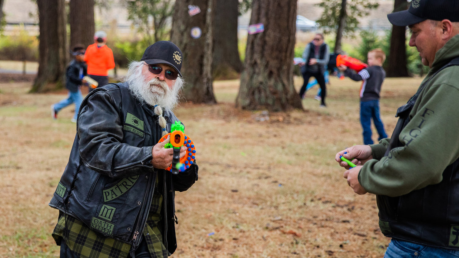 Members of the Freedom Fighters Motorcycle Association attend a Nerf War in honor of Titus Sickles and his Live Life List Fundraiser Sunday afternoon at Borst Park in Centralia.