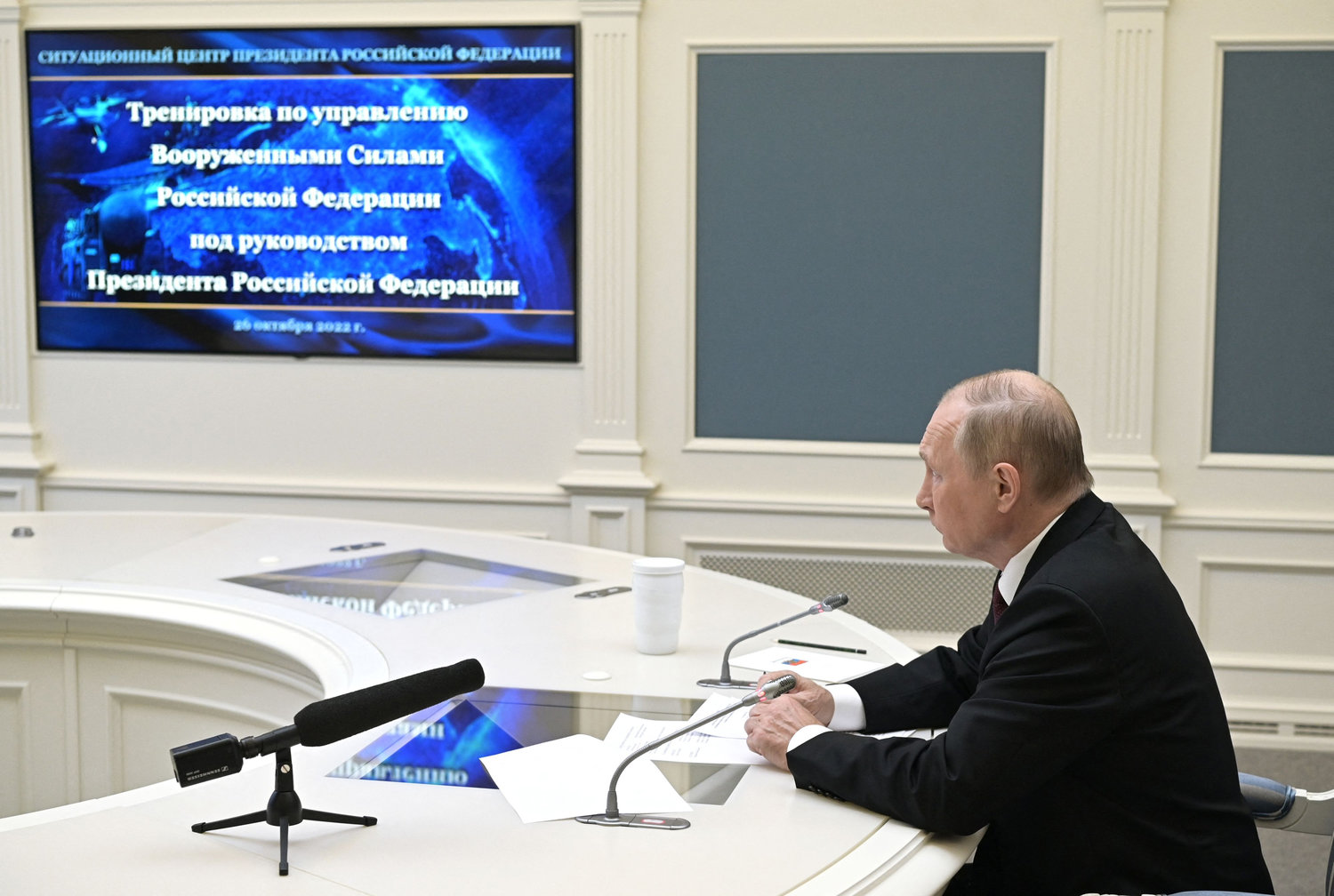 Russian President Vladimir Putin oversees the training of the strategic deterrence forces, troops responsible for responding to threats of nuclear war, via a video link in Moscow on October 26, 2022. (Alexei Babushkin/SPUTNIK/AFP via Getty Images/TNS)