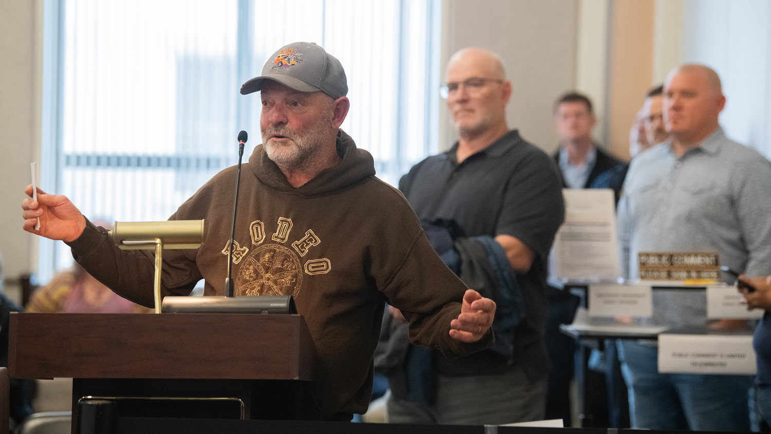 Jim Smith of Adna speaks out in support of prohibiting unauthorized camping on county land and adopting a resolution for homeless camp removals and site clean ups on Tuesday in Chehalis.