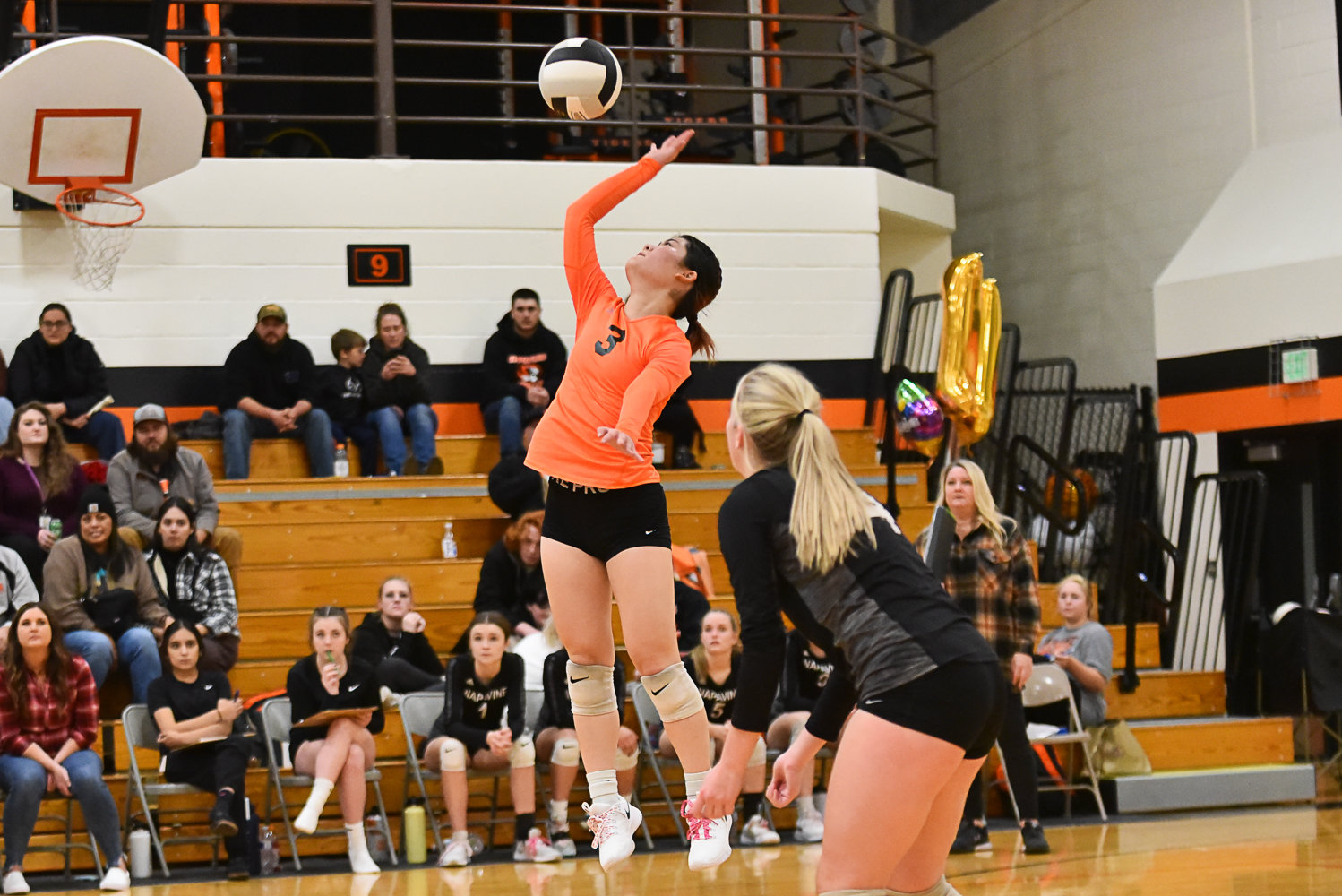 Napavine libero Emily Kang hits out of the back row during the Tigers' match against Toutle Lake on Oct. 26.