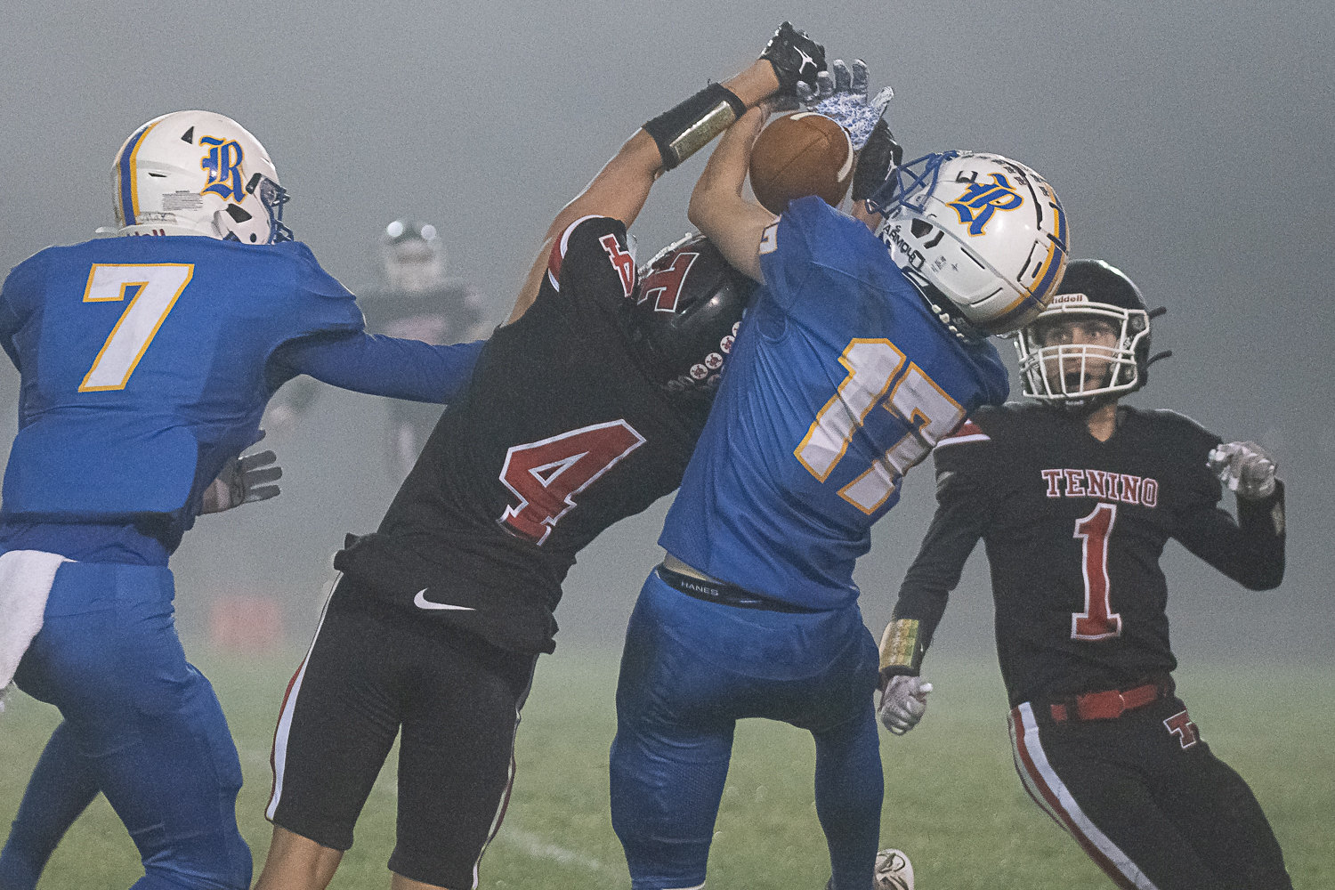 Rochester receiver Ethan Rodriguez hauls in a contested catch against Tenino Oct. 28 in the Scatter Creek Showdown.