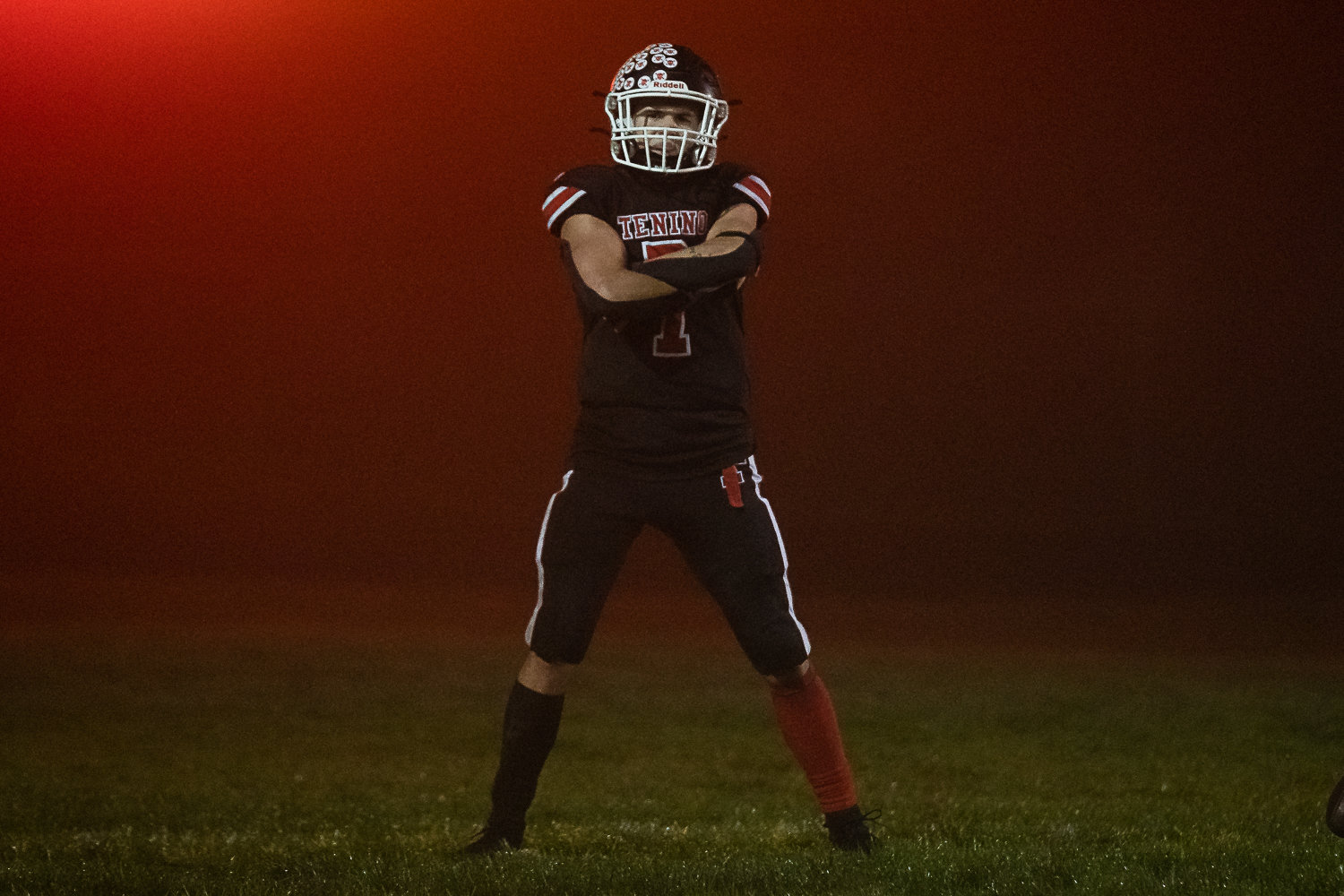 Tenino's Kysen Knox poses after scoring a touchdown against Rochester in the Scatter Creek Showdown Oct. 28.