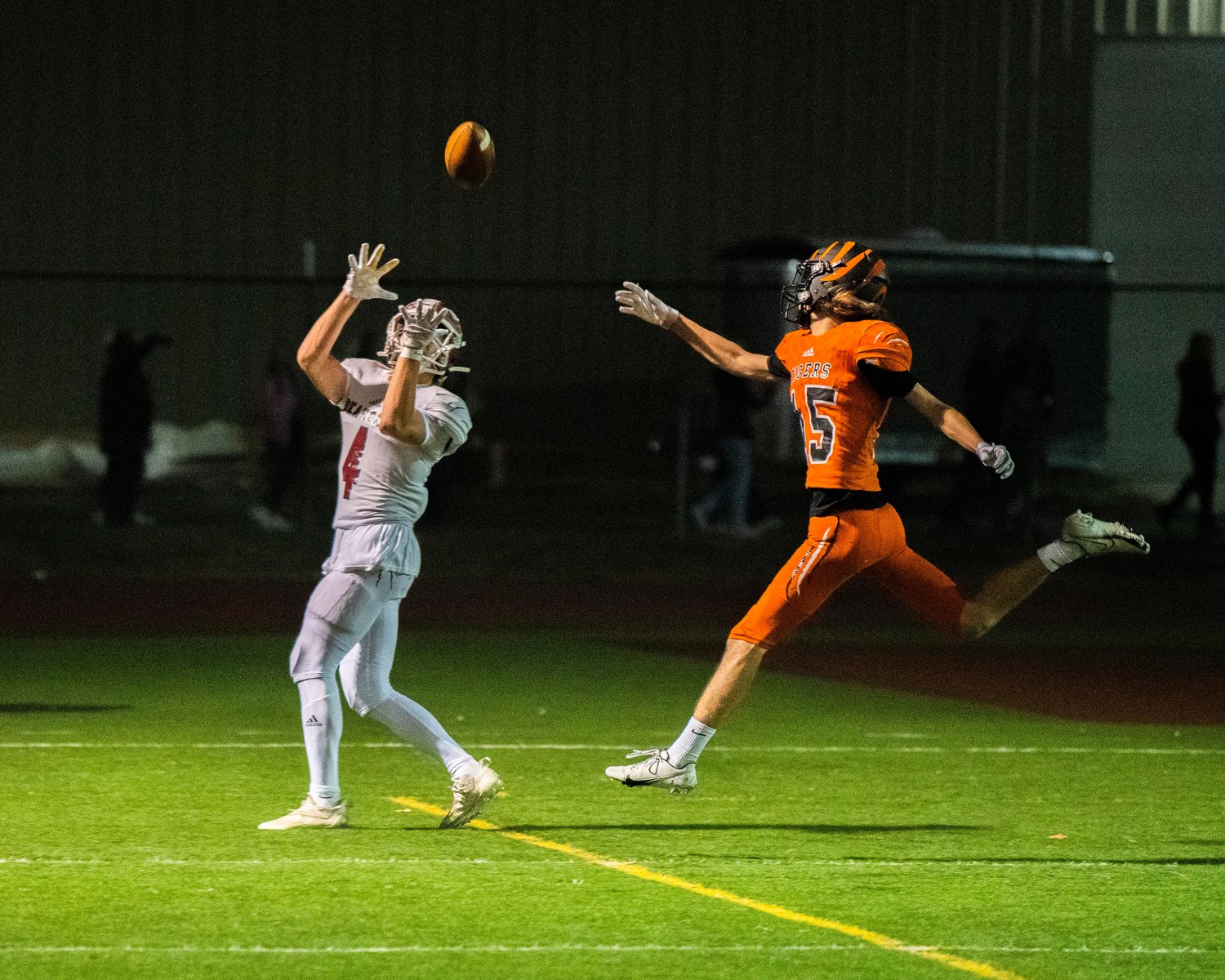 W.F. West sophomore Gage Brumfield (4) rmakes a catch for a touchdown during a Friday night game in Centralia.