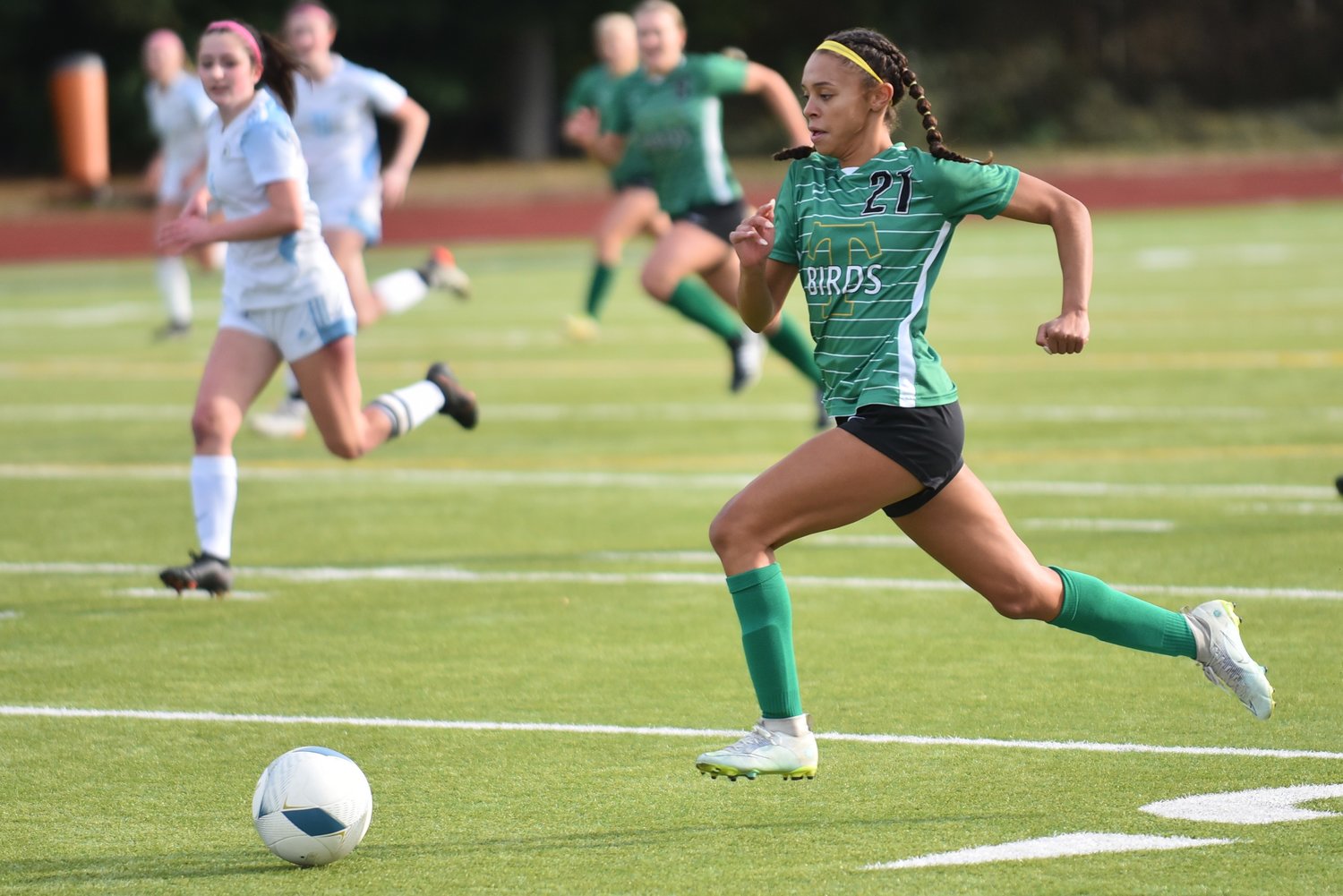 Ava Jones sprints down the wing with the ball during the first half of Tumwater's 6-0 win over Hockinson in the first round of the 2A District 4 tournament on Oct. 29.