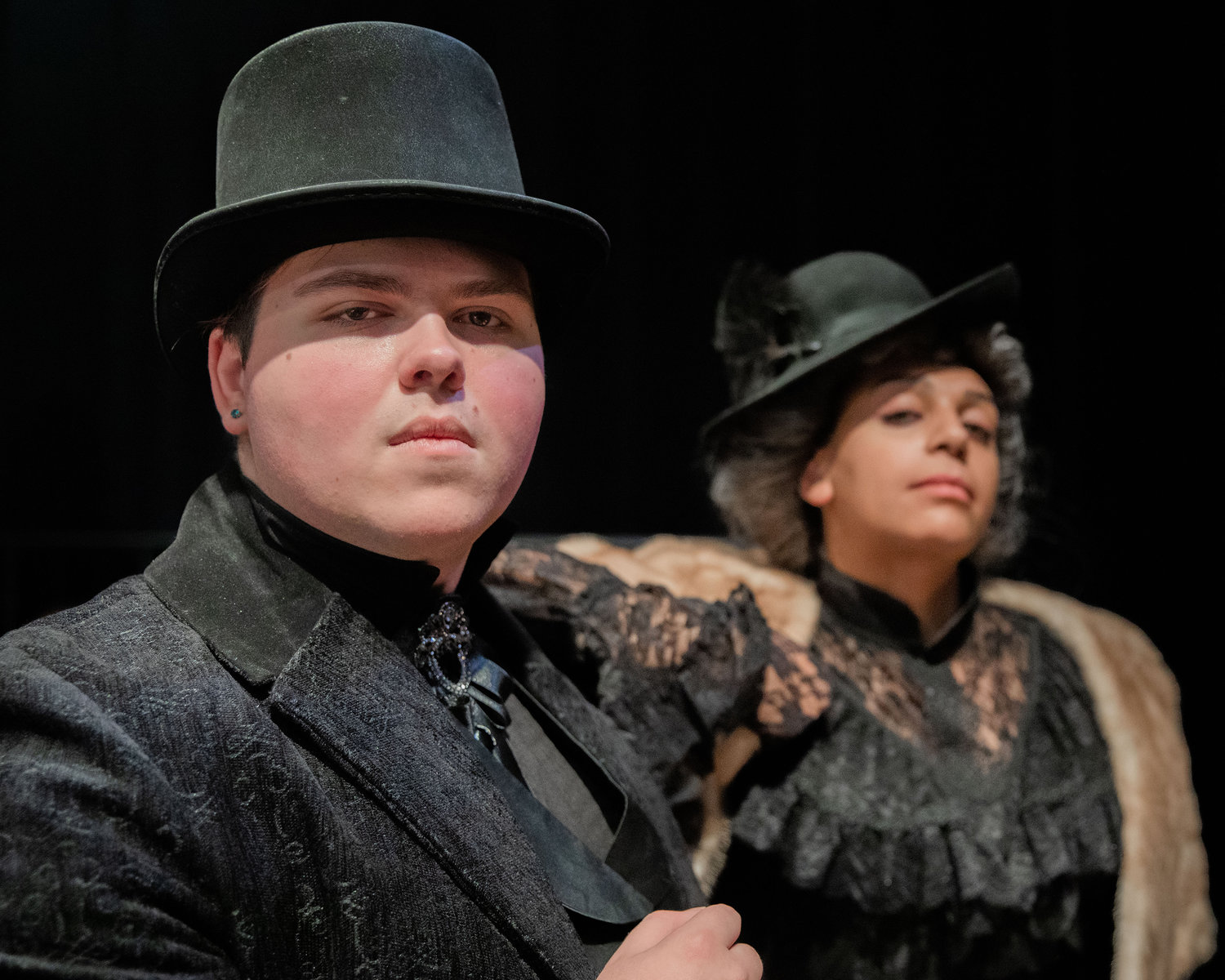 Eric Ferrante playing “Edward Barrett,” and Jenny Weber playing “Mrs. Taylor,” pose for a photo during dress rehearsals for “Leaving 50 Wimpole Street” inside the Phillip Wickstrom Studio Theatre at Centralia College on Thursday.