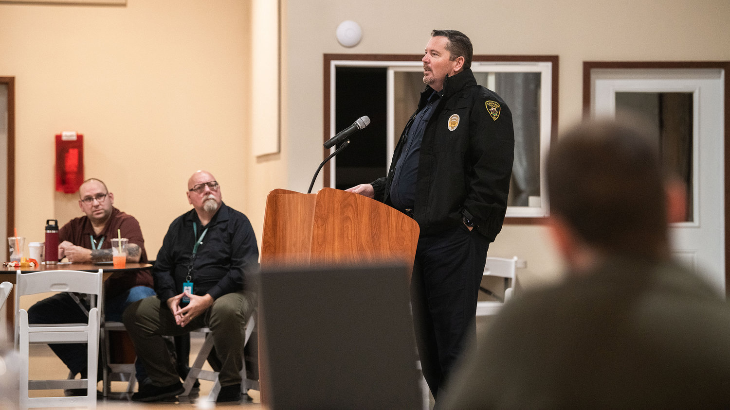 Centralia Police Commander Andy Caldwell describes the department’s response to flooding during a meeting held in Chehalis on Thursday.