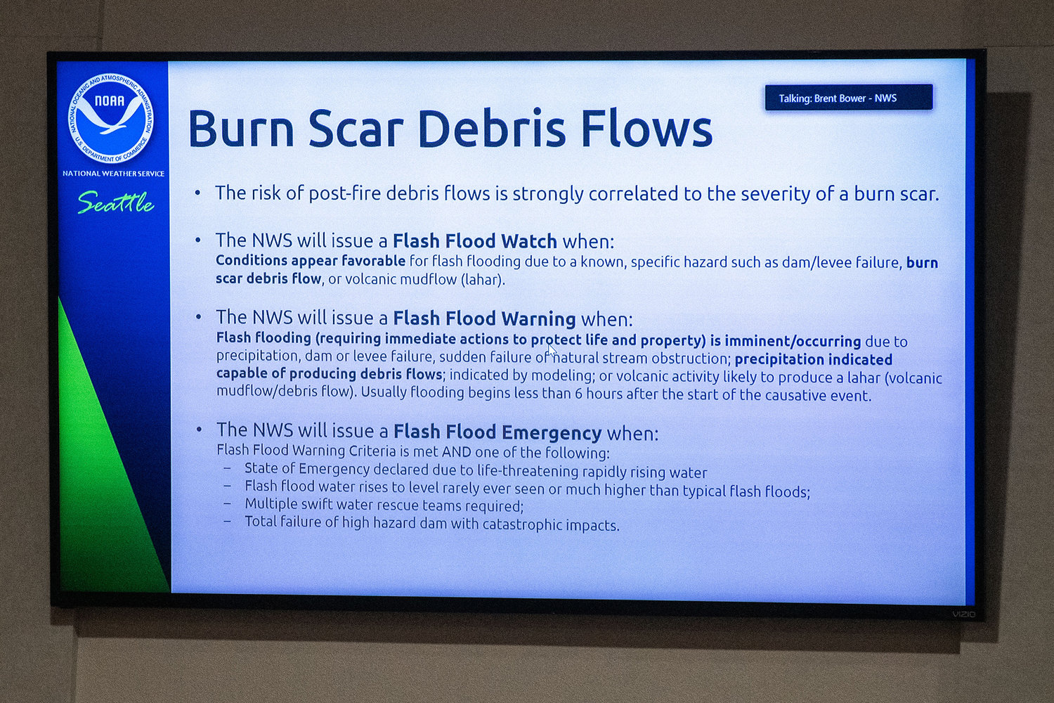 Information on Burn Scar Debris Flows was provided during the annual flood meeting held at Jester’s Auto Museum in Chehalis on Thursday.