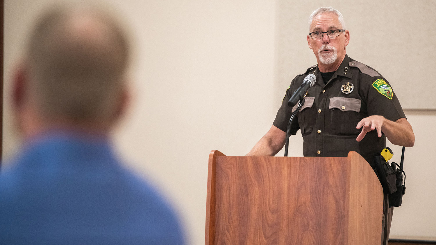 Lewis County Sheriff Rob Snaza describes instances that could have been avoided where rescues were made, during recent flooding, at the annual flood meeting held at Jester’s Auto Museum in Chehalis on Thursday.